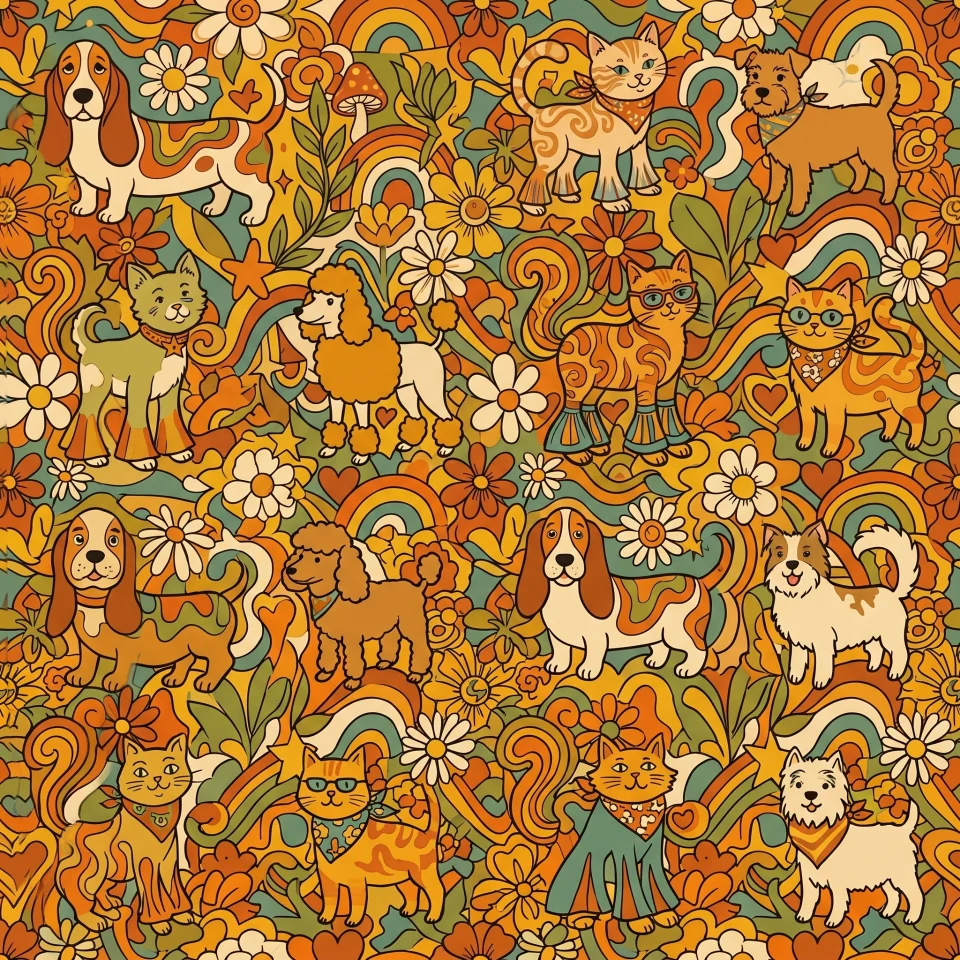 A seamless repeating 1970s retro pattern of whimsical floral and groovy shapes in warm earth tones.