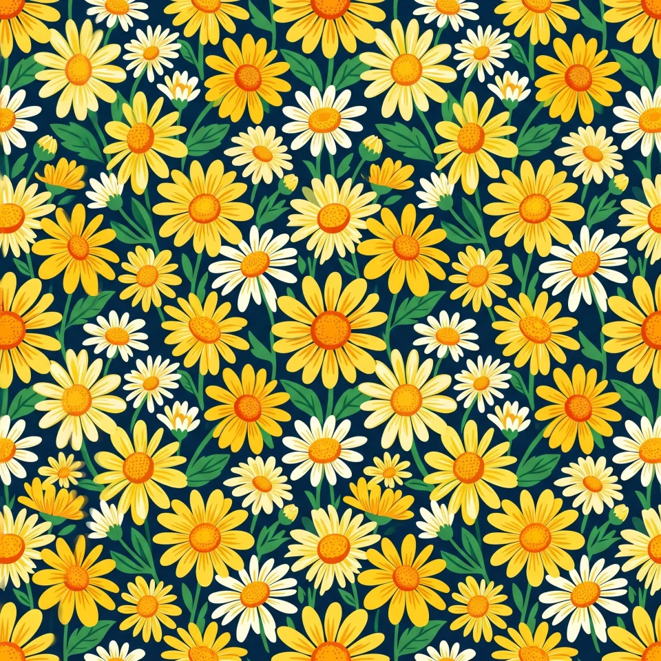 A bold, tightly cropped seamless pattern of stylized daisies sweeping across the frame.