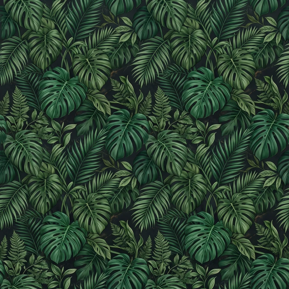 A seamless botanical pattern of emerald green monstera leaves and ferns on a dark charcoal background.