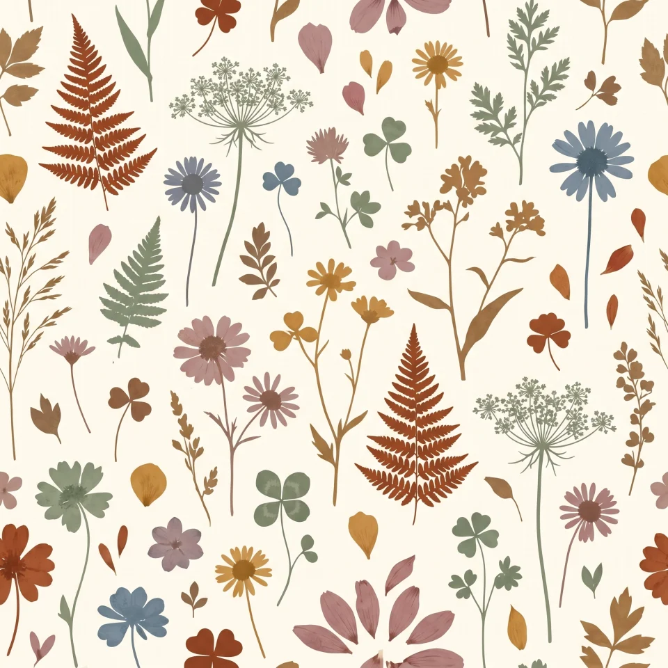 A seamless pattern of delicate pressed wildflower silhouettes drifting across a warm background.