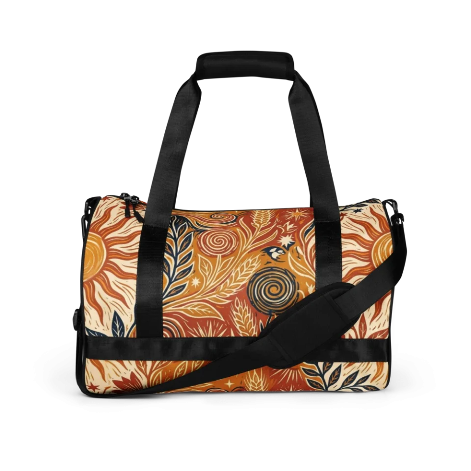 A seamless linocut pattern of stylized suns in warm amber, ochre, and terracotta tones.