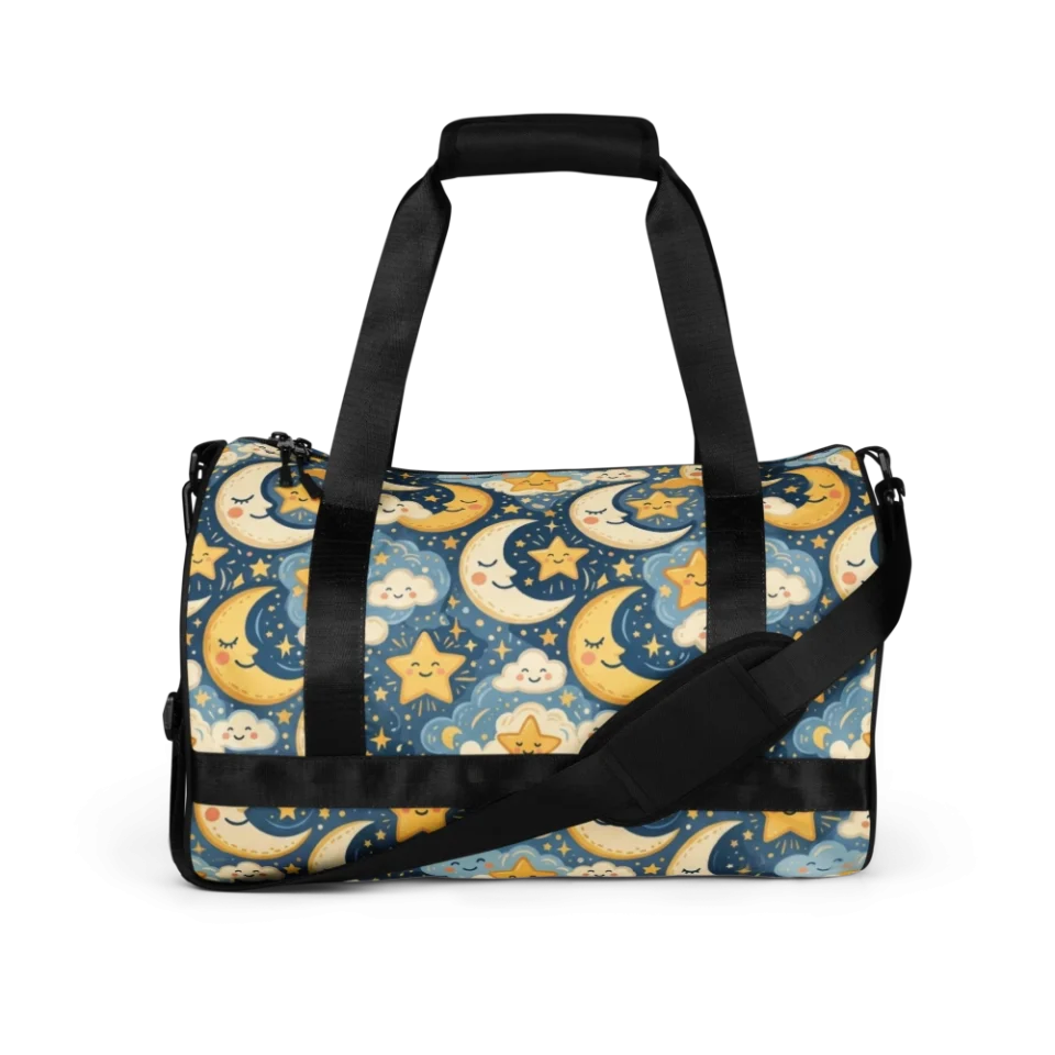Seamless pattern of sleepy yellow crescent moons, smiling stars, and clouds on a blue background.