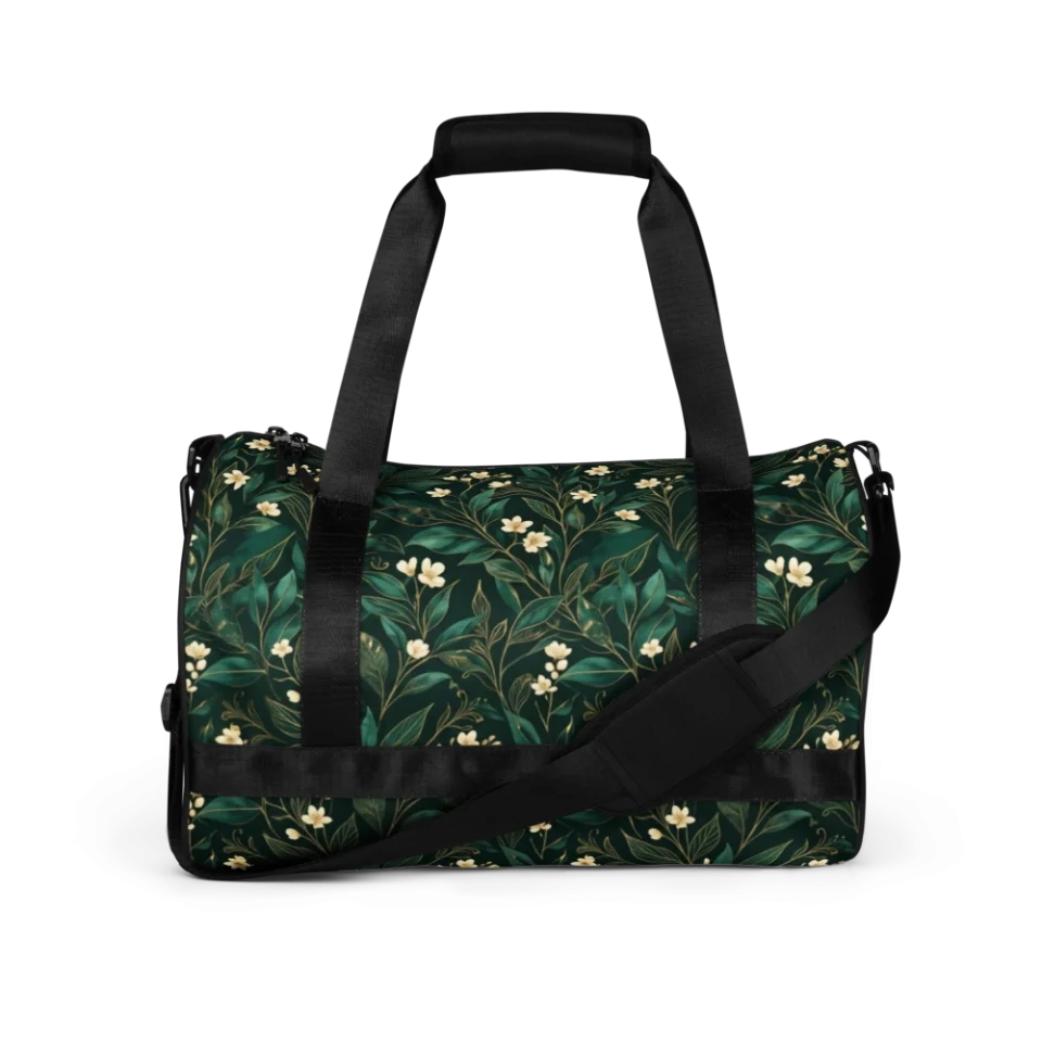 Seamless pattern of deep emerald leaves, ivory flowers, and gold lines on a dark background.