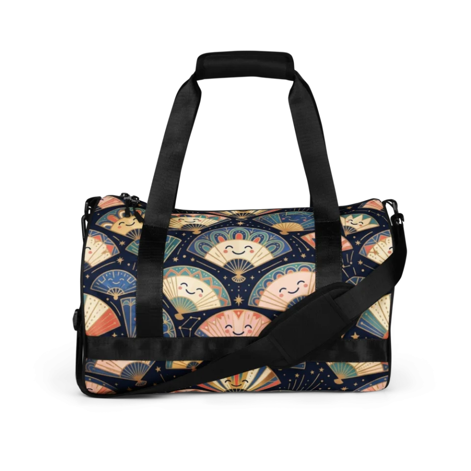 A seamless pattern of whimsical, smiling Art Deco fans radiating outward in warm golden tones.