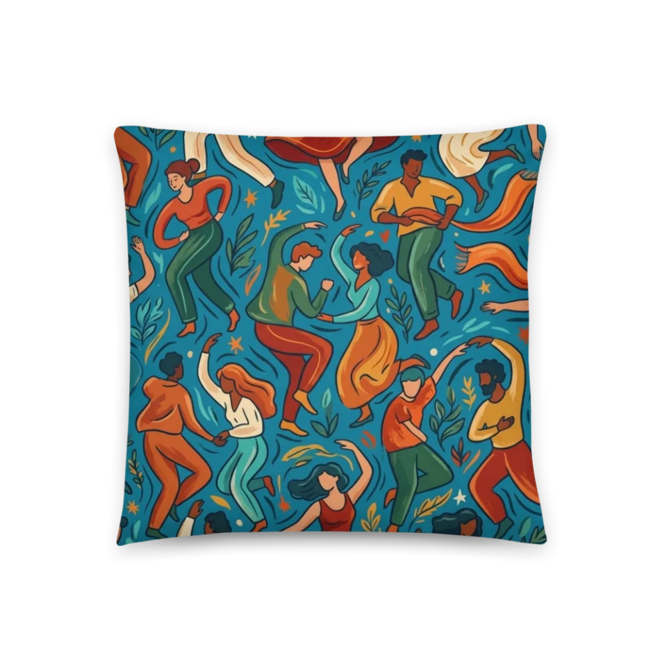 An all-over pattern of stylized, dancing botanical shapes in terracotta, indigo, and cream.