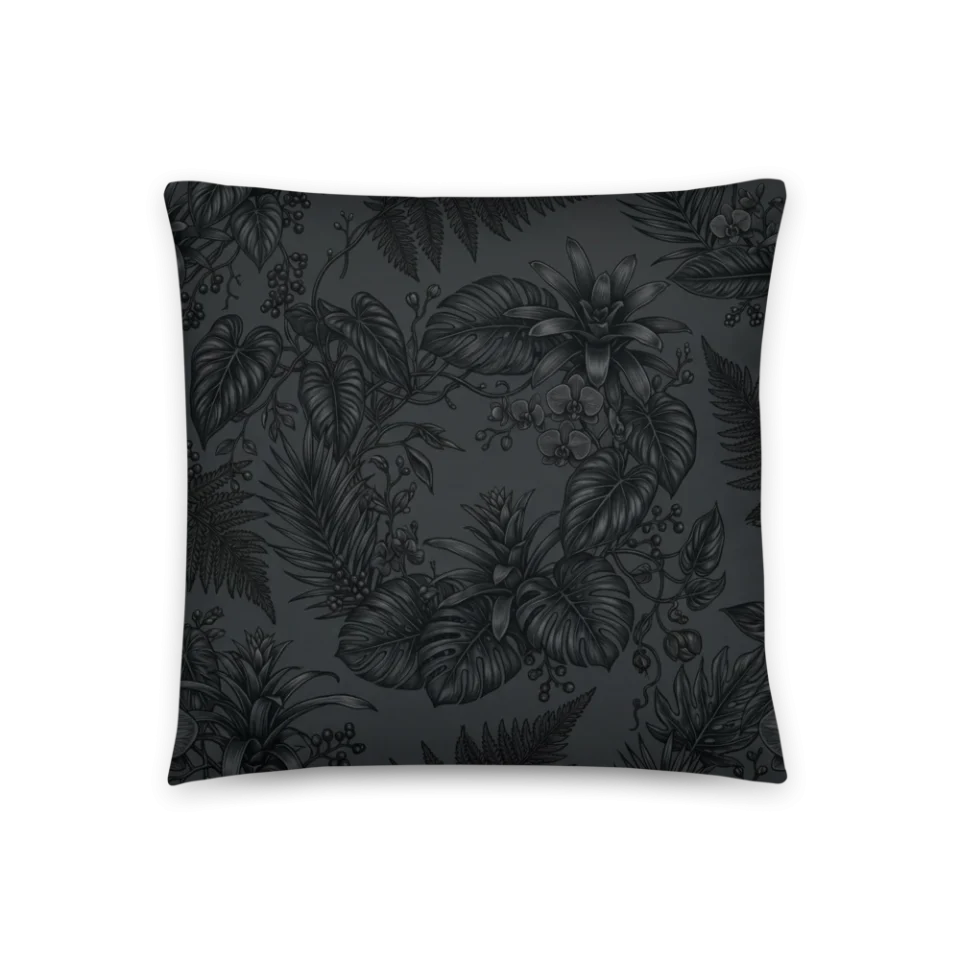 A hyper-realistic wreath of ink-black tropical leaves on a dark background.
