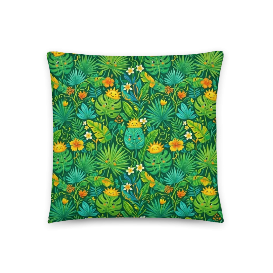 Seamless pattern of smiling green tropical monstera leaves wearing little yellow sun crowns.