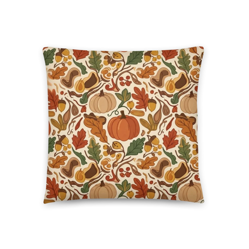 Seamless autumn pattern with orange pumpkins, acorns, and colorful oak leaves on a cream background.