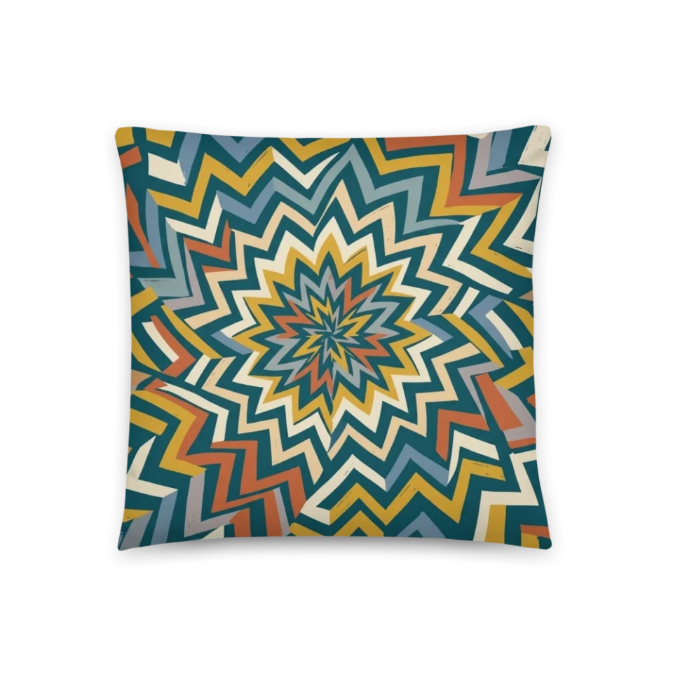 Hypnotic radiating chevron vortex pattern in teal, orange, yellow, and cream.