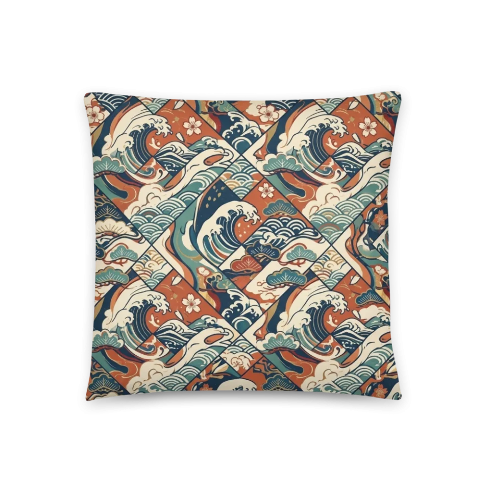 A seamless geometric pattern of stylized Japanese waves and cherry blossoms in navy and terracotta.
