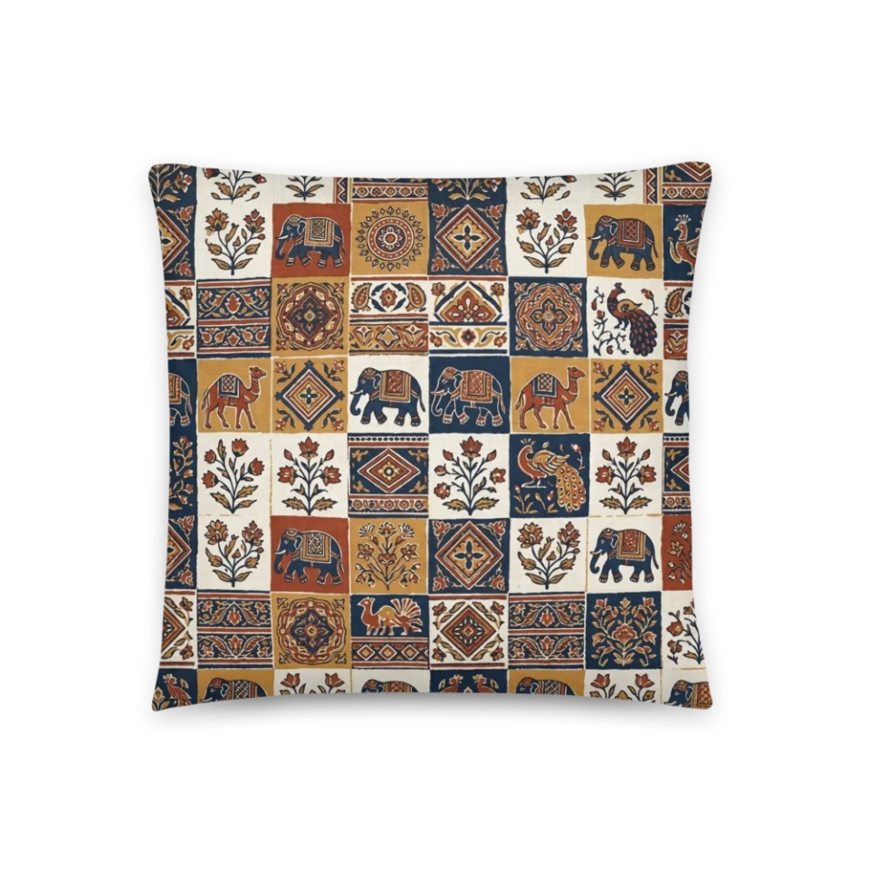 Indian block print pattern with elephants, camels, and peacocks in indigo and terracotta.