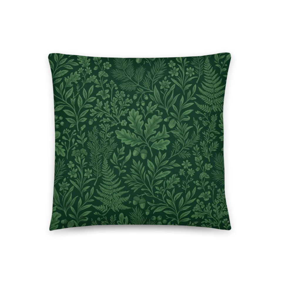 A seamless dark forest green pattern of detailed oak leaves, ferns, acorns, and woodland foliage.