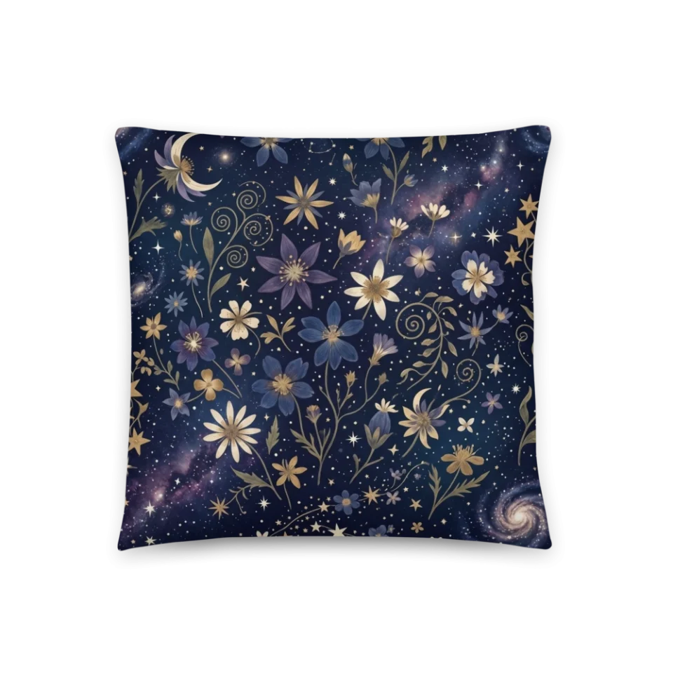 A seamless pattern of gold and blue wildflowers among swirling galaxies and starry constellations.