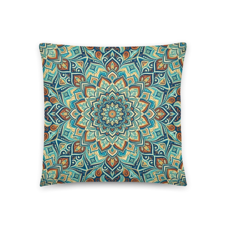 An intricate, symmetrical mandala pattern in teal, turquoise, gold, and terracotta.