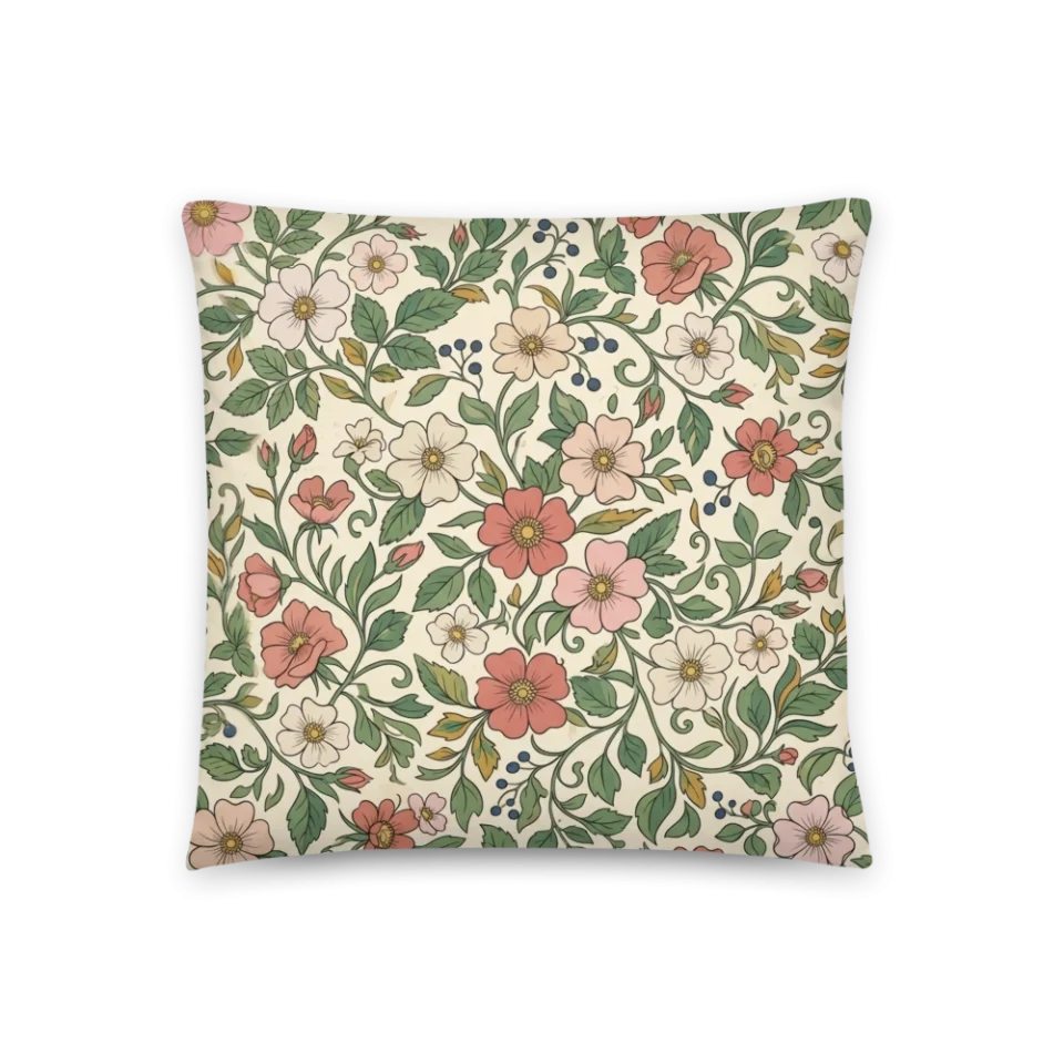 A seamless vintage pattern of pink and cream wild roses with green leaves and blue berries.