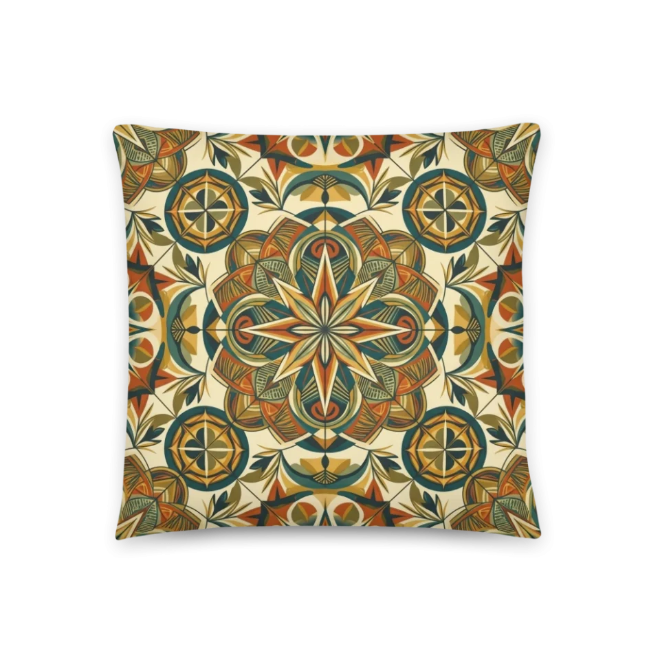 A symmetrical mid-century geometric mandala pattern in teal, orange, olive green, and cream.