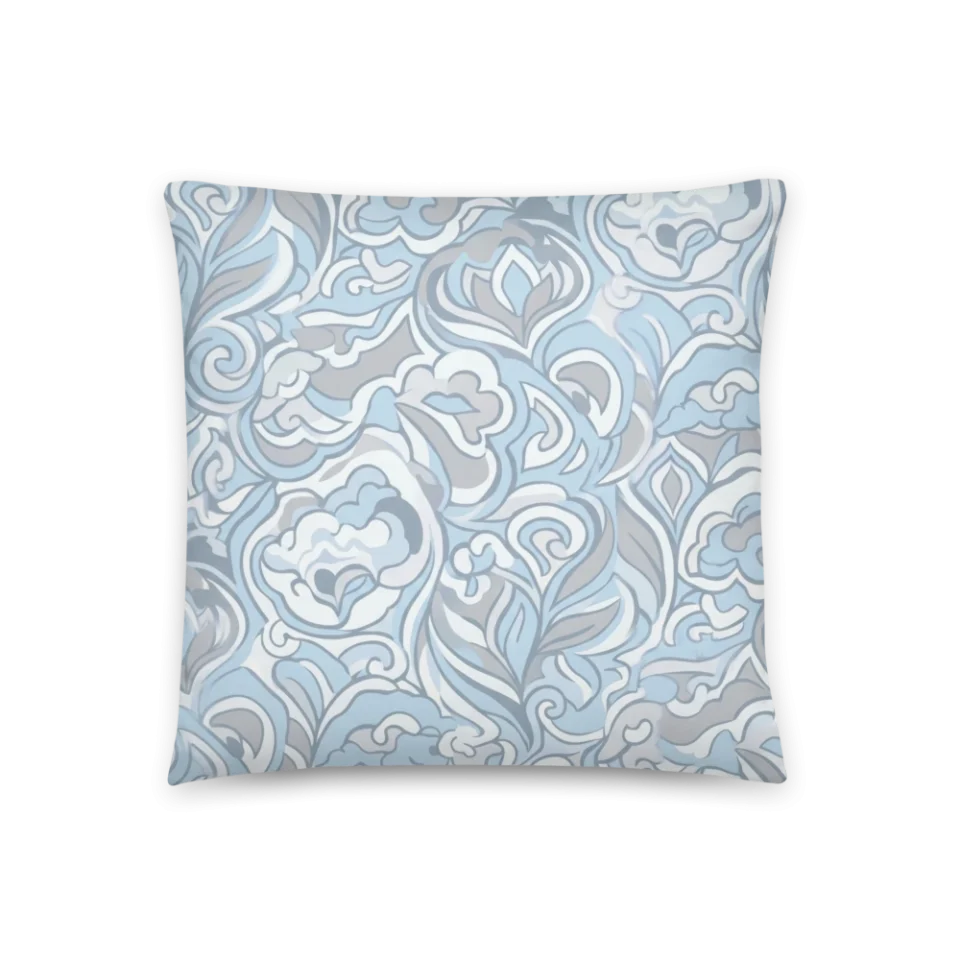 An intricate seamless pattern of swirling baby blue, white, and grey cloud-like waves.