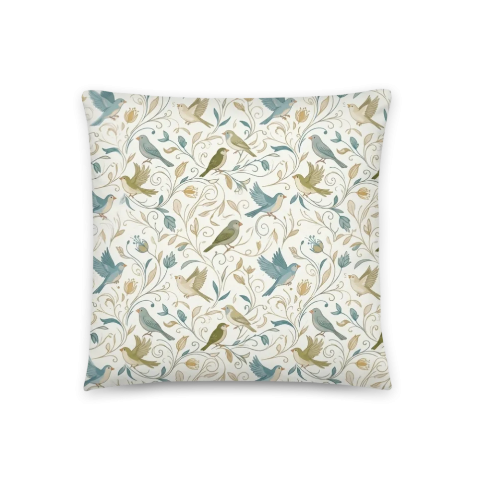 A seamless vintage pattern of light blue and green finches among delicate botanical vines.