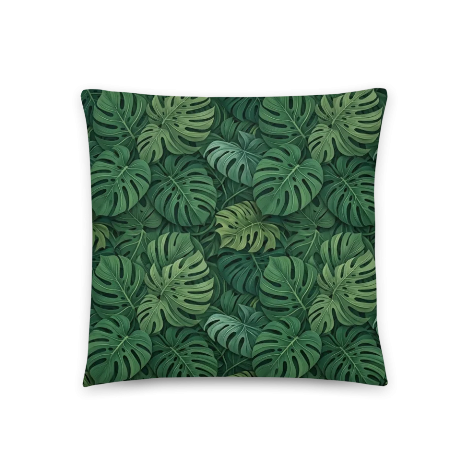 A dense, seamless pattern of stylized green Monstera leaves with layered depth.