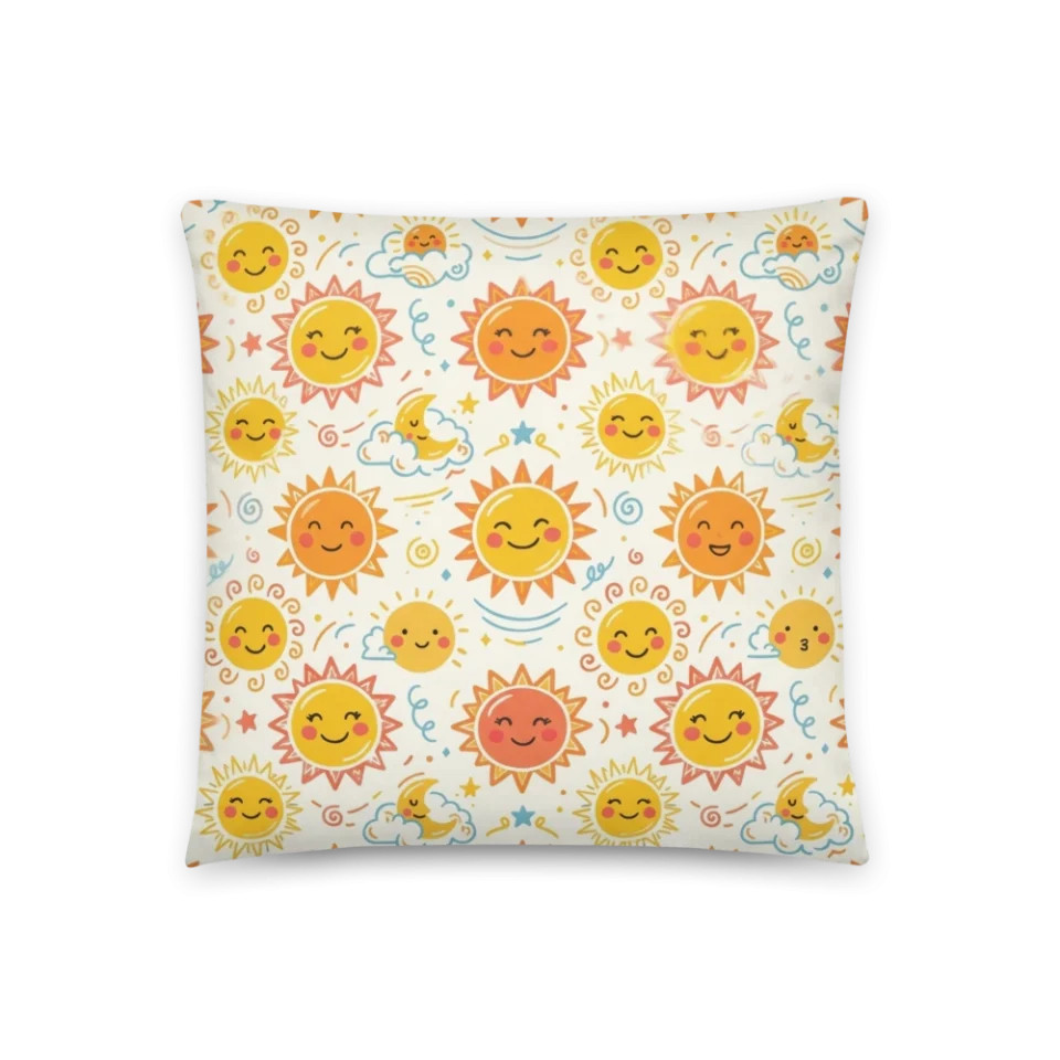 A seamless pattern of smiling yellow suns, crescent moons on clouds, and colorful swirls.
