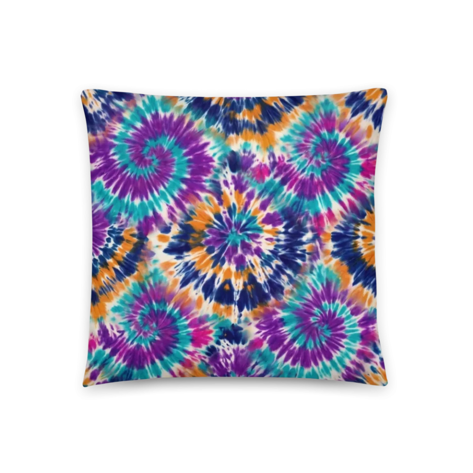 Seamless psychedelic tie-dye pattern with vibrant purple, teal, and orange spirals.