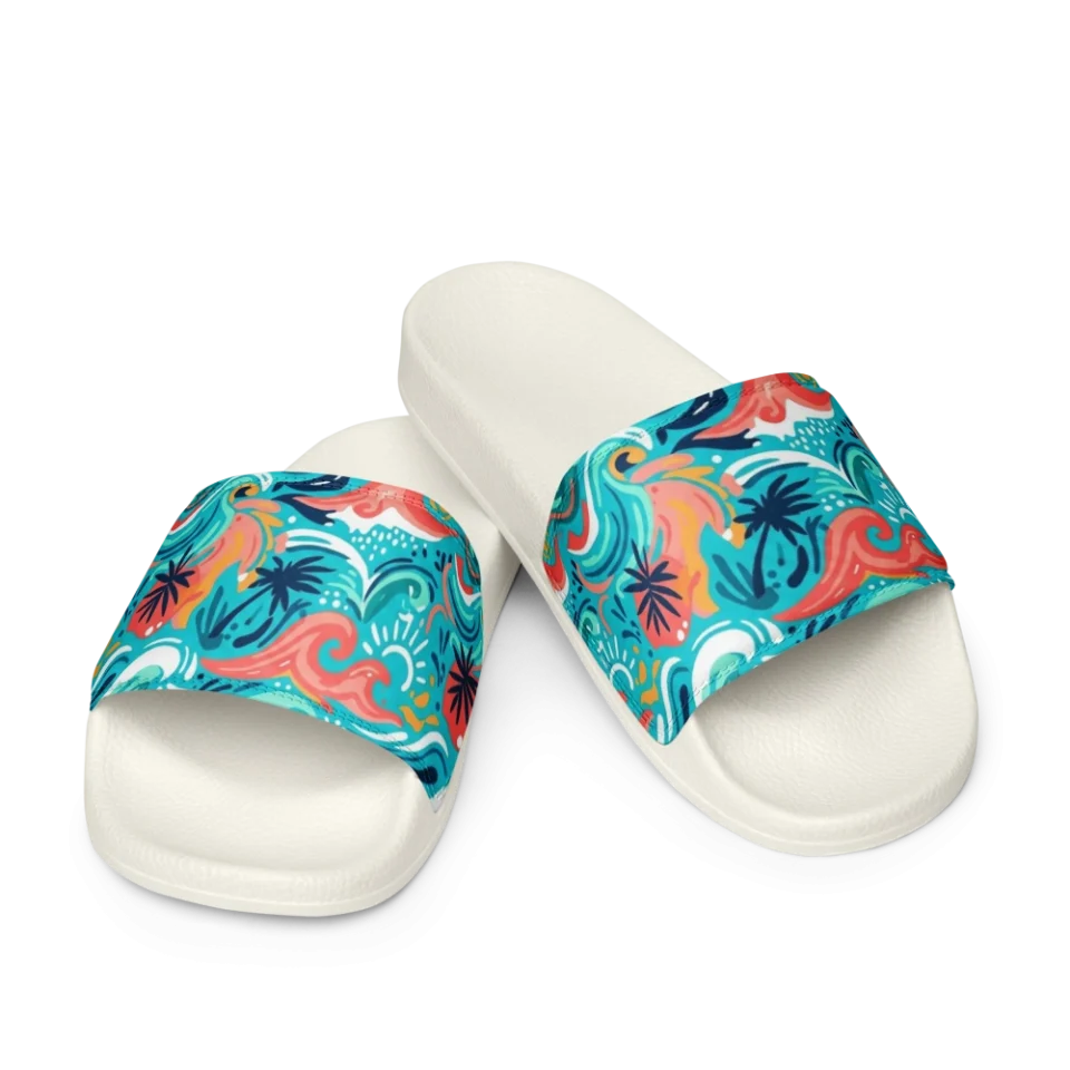 Vibrant seamless pattern of turquoise tropical waves with coral pink accents and palm shadows.