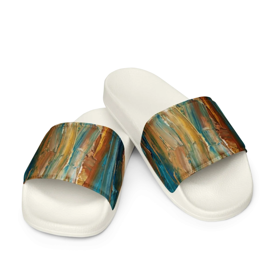 Thick vertical impasto paint strokes in teal, blue, ochre, and brown with a heavy textured finish.