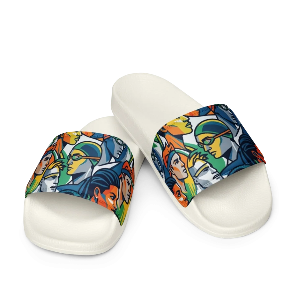 Seamless pattern of stylized athletic faces, swimmers with goggles, and runners in bold colors.