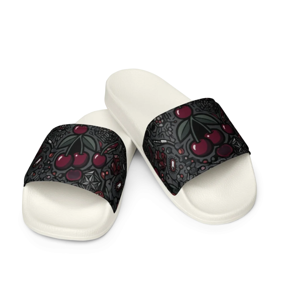 A seamless dark pattern of red cherries mixed with grey geometric and molecular shapes.