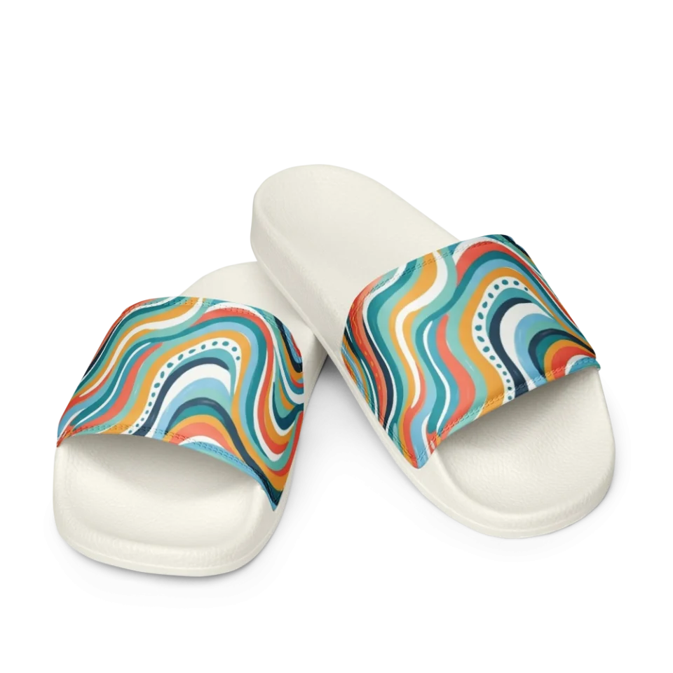 Colorful hand-drawn retro pattern with wavy stripes in teal, orange, yellow, and blue.