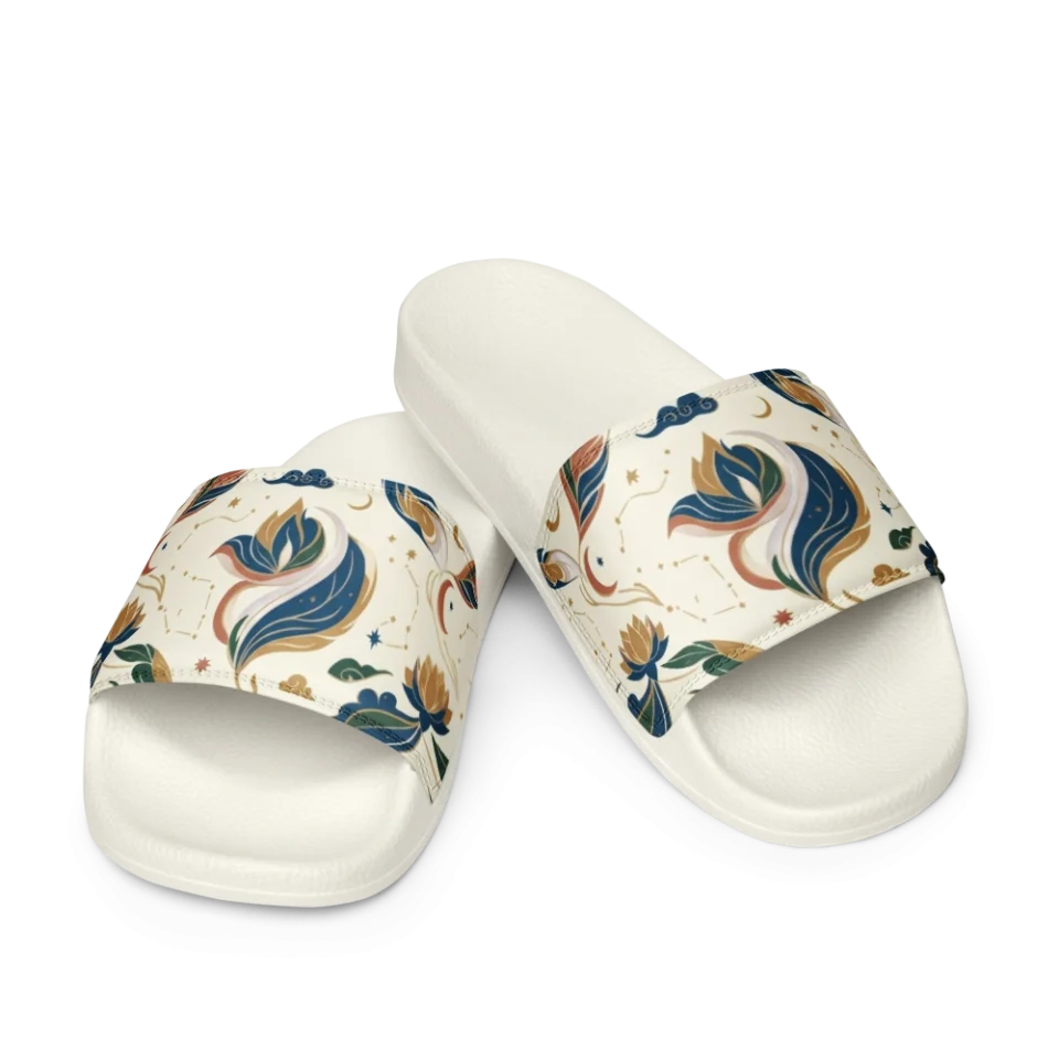 Seamless pattern of blue feathers, terracotta lotus flowers, and gold stars on a cream background.