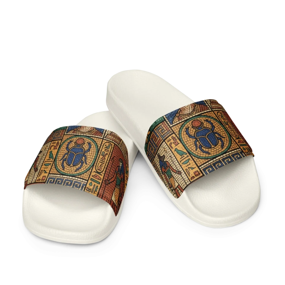 Seamless ancient mosaic tile pattern featuring Egyptian gods, scarabs, pyramids, and Greek key borders.