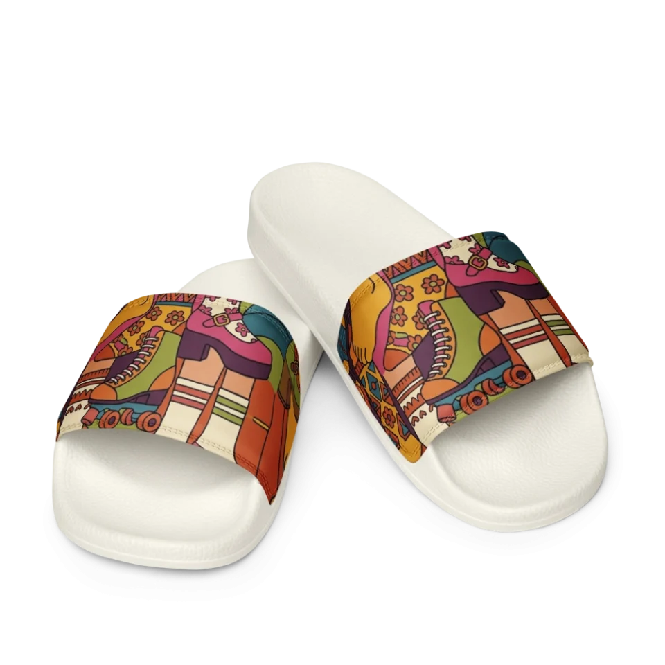 A seamless retro pattern of colorful 1970s shoes, roller skates, and patterned socks.