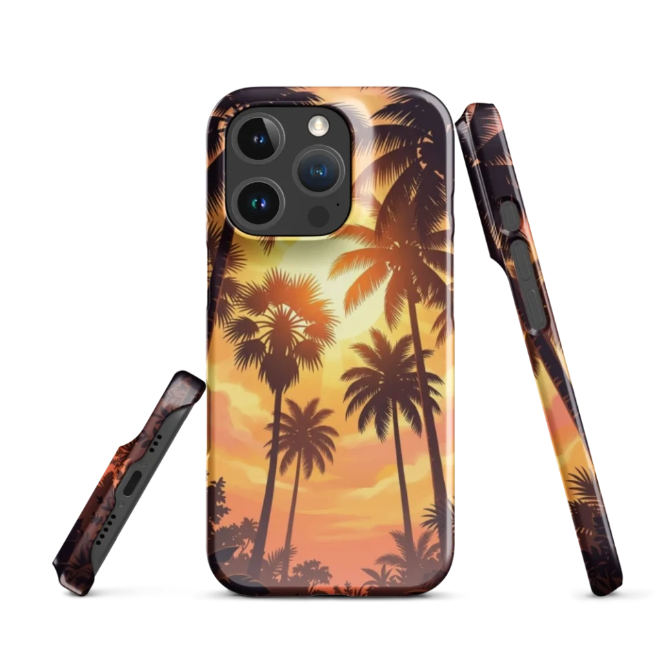 Silhouettes of tall palm trees stretching up against a warm, sun-drenched golden sunset sky.