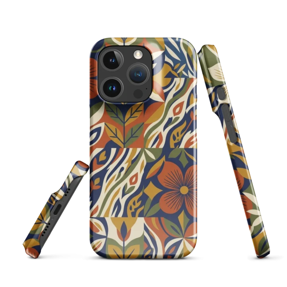 A bold, flat vector textile pattern featuring geometric shapes in terracotta, indigo, and cream.