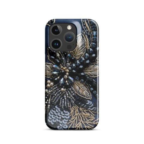 Navy Blue Gold Floral Embroidery