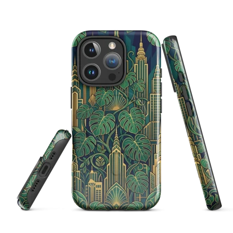 Rascacielos Art Déco y hojas de Monstera
