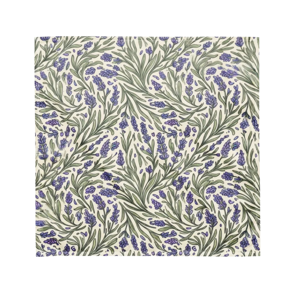 Seamless hand-drawn pattern of purple lavender flowers and green leaves on a cream background.