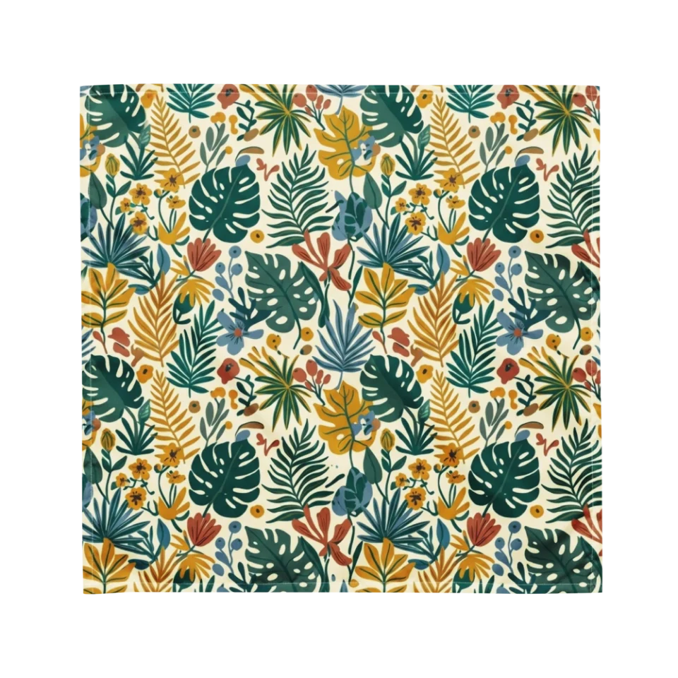 Seamless pattern of teal and mustard yellow tropical leaves, ferns, and flowers on cream background.