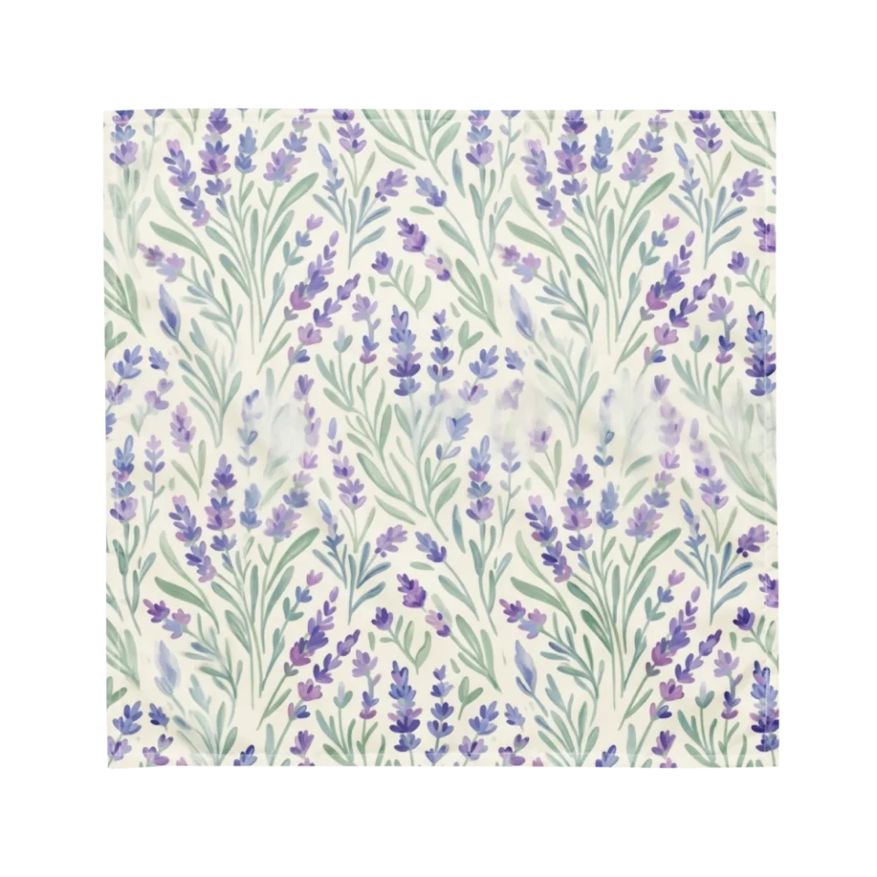 Seamless watercolor pattern of purple lavender flowers and green leaves on a cream background.