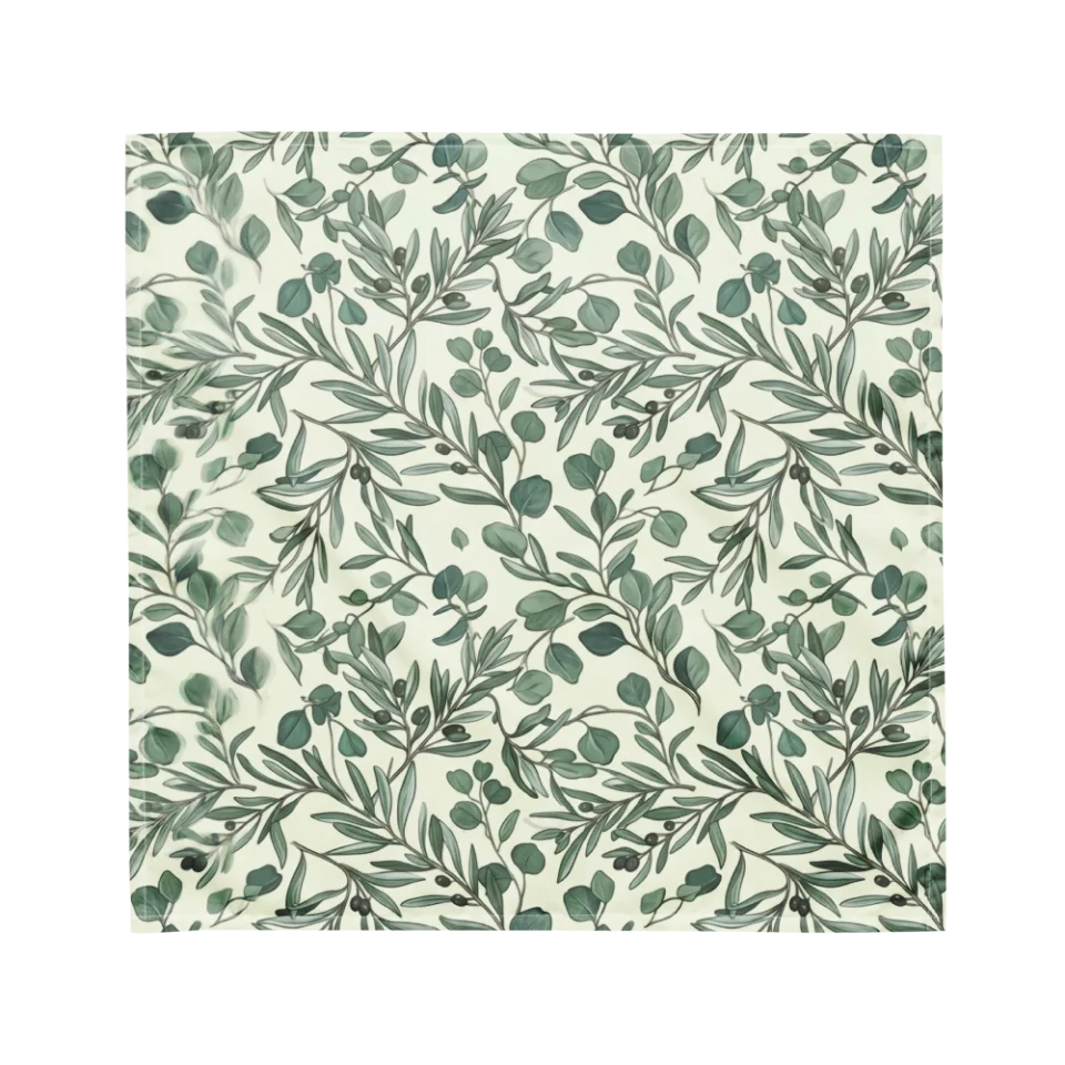 A seamless botanical pattern of sage green eucalyptus leaves and olive branches on a cream background.
