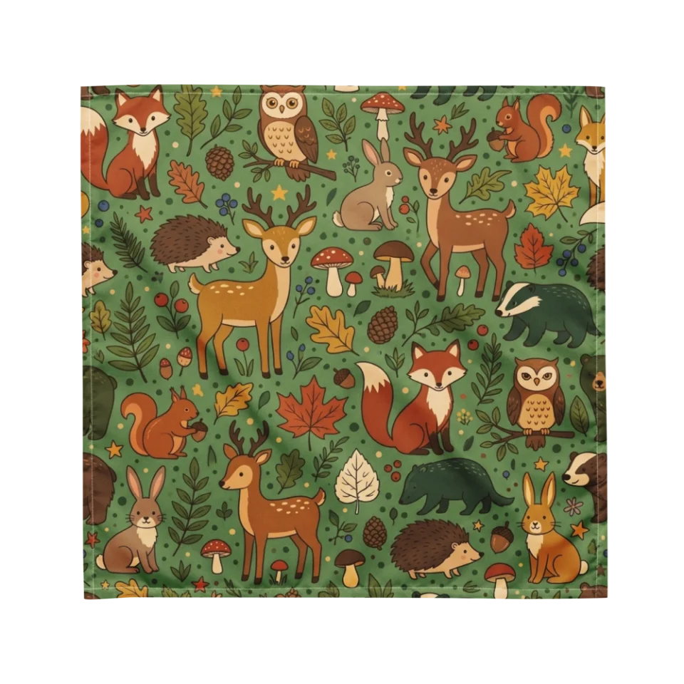 A seamless repeating pattern of cute woodland animals on a sage green background.