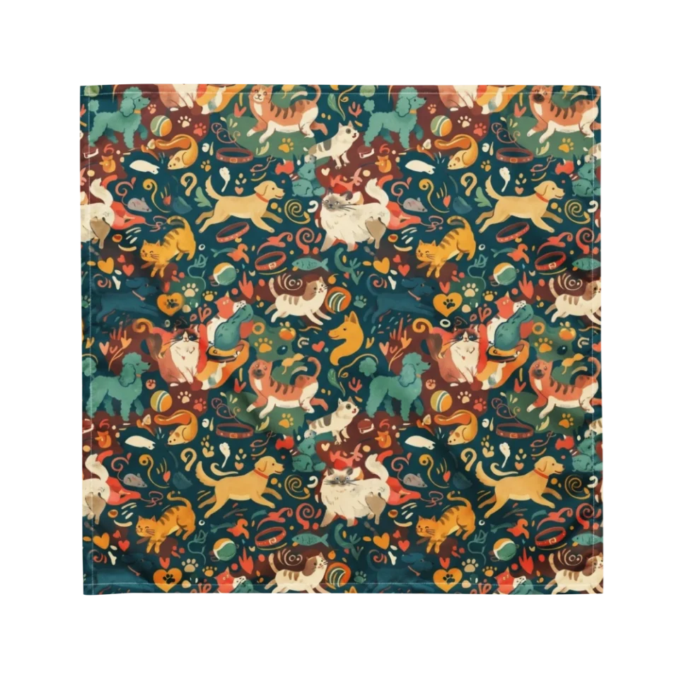 Seamless pattern of illustrated cats and dogs in playful poses on a dark teal background.