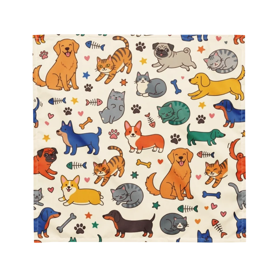 Seamless pattern of colorful cartoon dogs and cats on a warm ivory background.