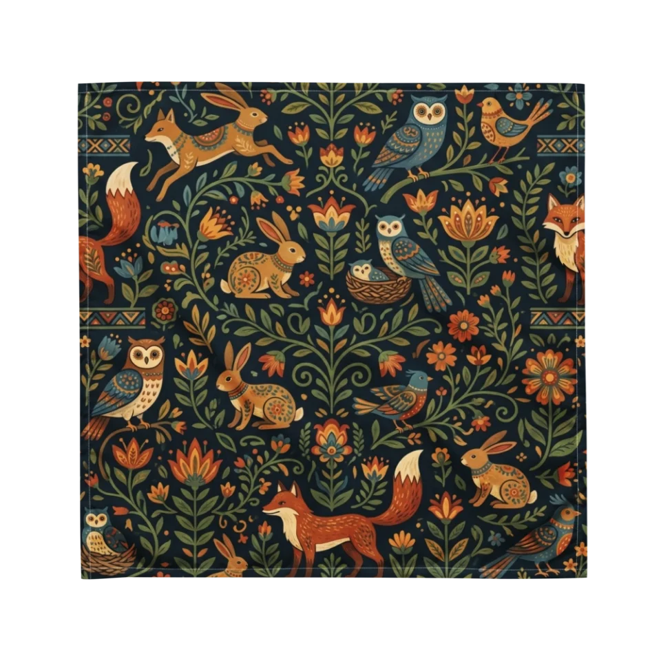 A seamless folklore pattern with foxes, rabbits, owls, and flowers on a dark background.