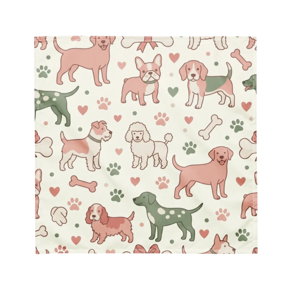A seamless pattern of various cute dog breeds, bones, and hearts in blush pink and sage green.