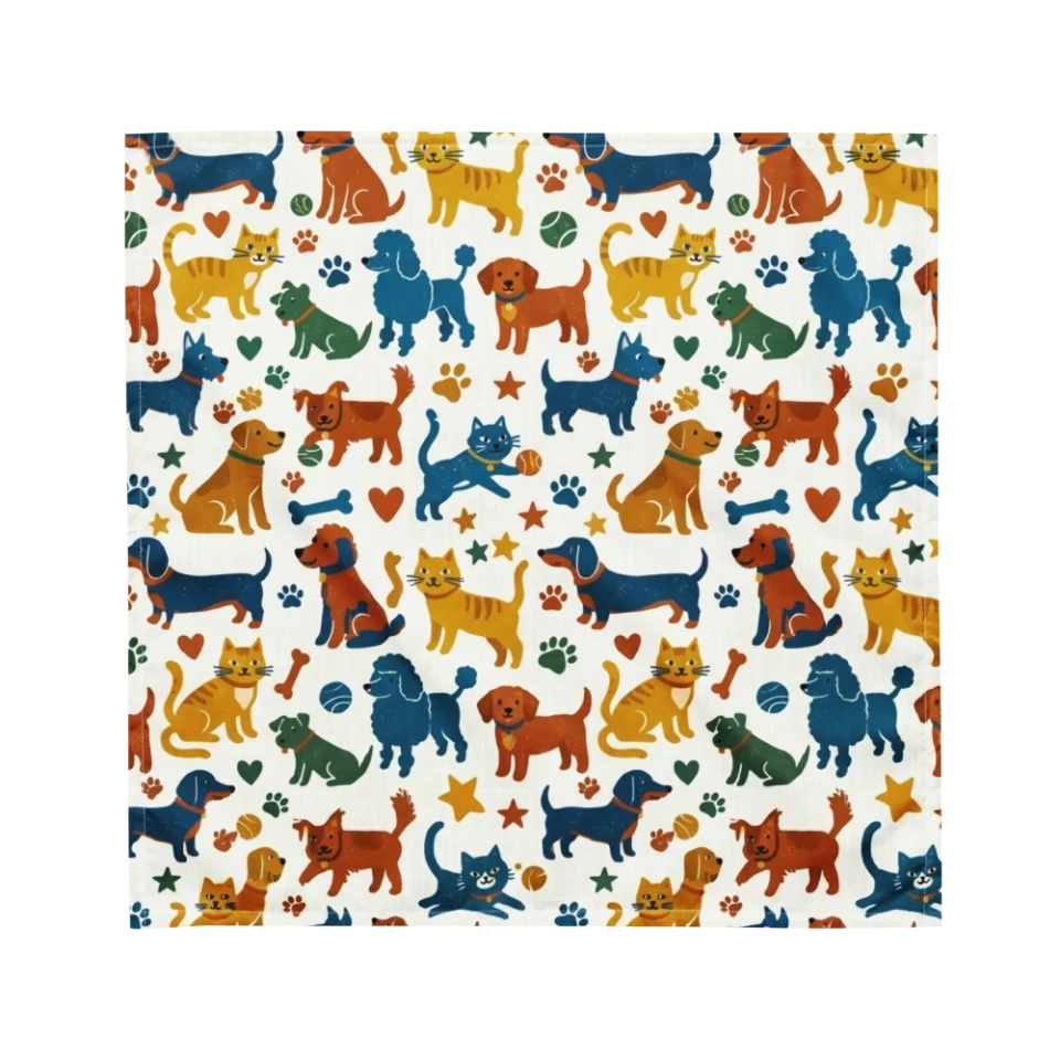 Seamless block-print pattern of colorful dogs and cats with stars and paw prints on off-white.