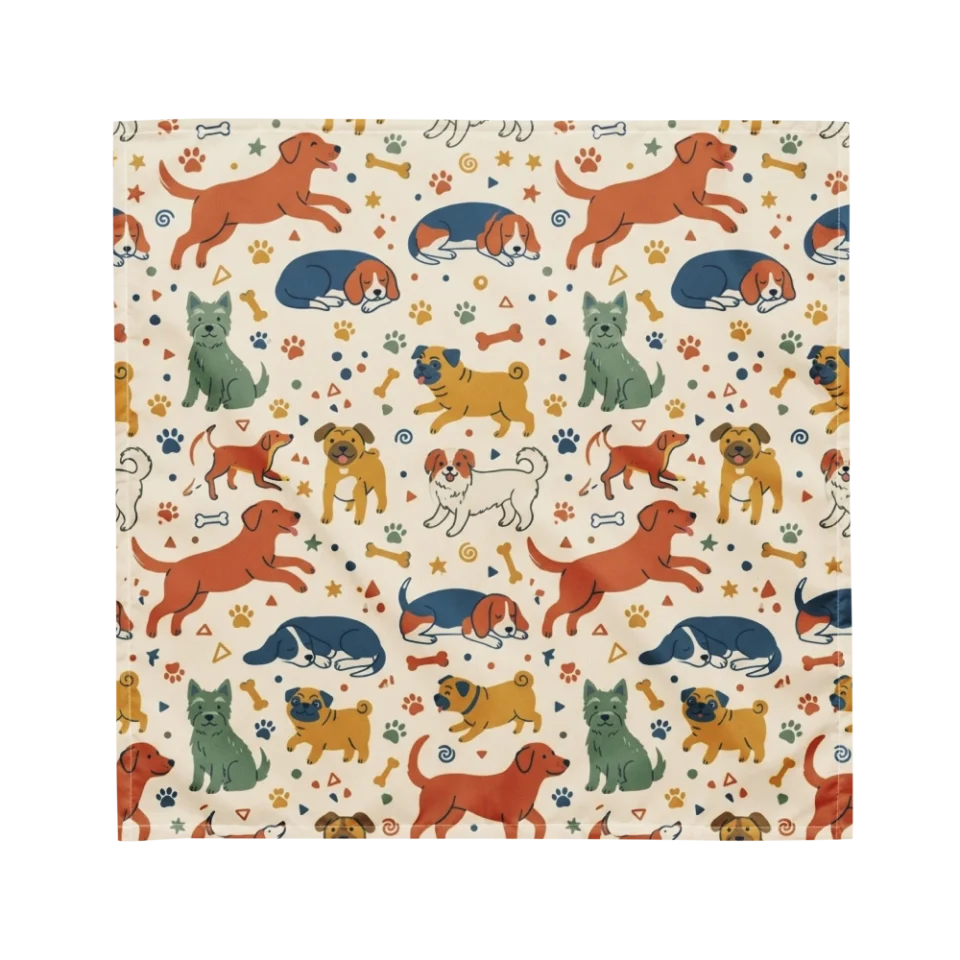 A seamless pattern of cartoon dog breeds, paw prints, and bones on a cream background.