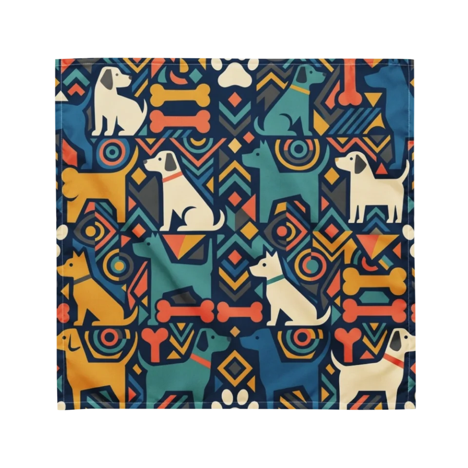Seamless geometric pattern of colorful dog silhouettes, bones, and paws on a navy blue background.
