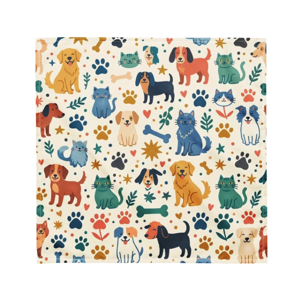 Seamless pattern of cute cartoon dogs, cats, paw prints, and bones on a cream background.
